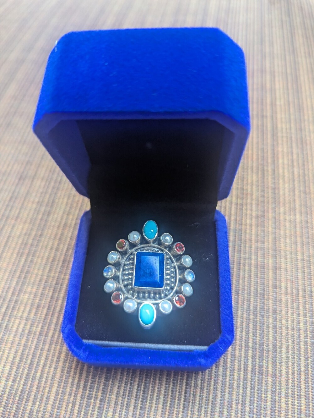 NICKY BUTLER RAJ COLLECTION LAPIS TURQUOISE MOONSTONE GARNET PEARL RING SZ 6 LE